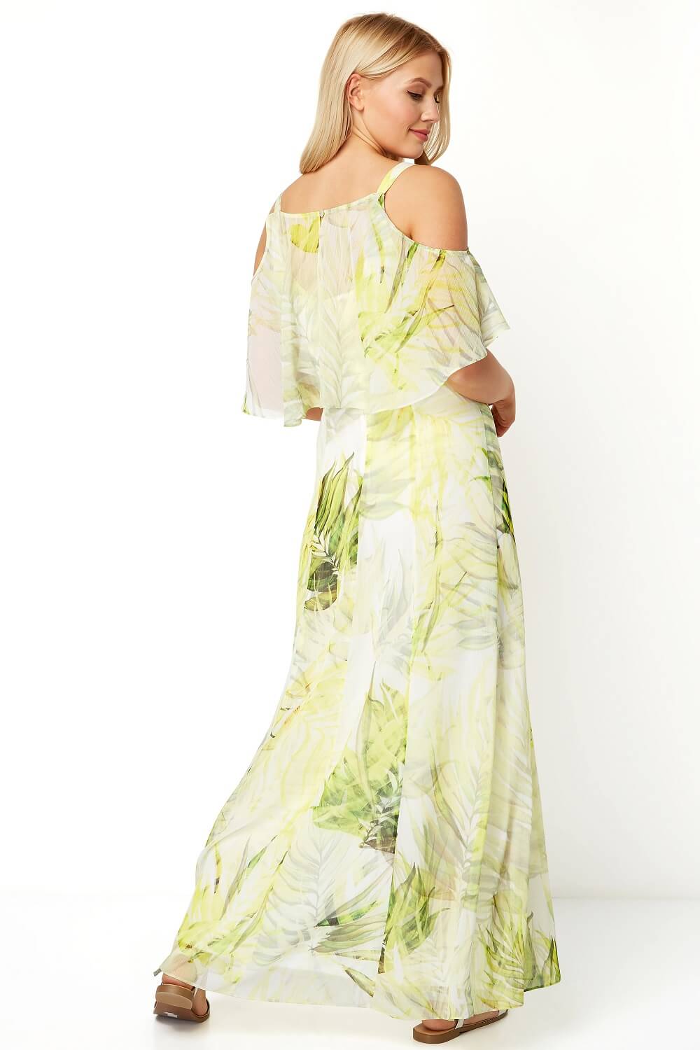 Yellow Leaf Print Cold Shoulder Maxi Dress , Image 2 of 5