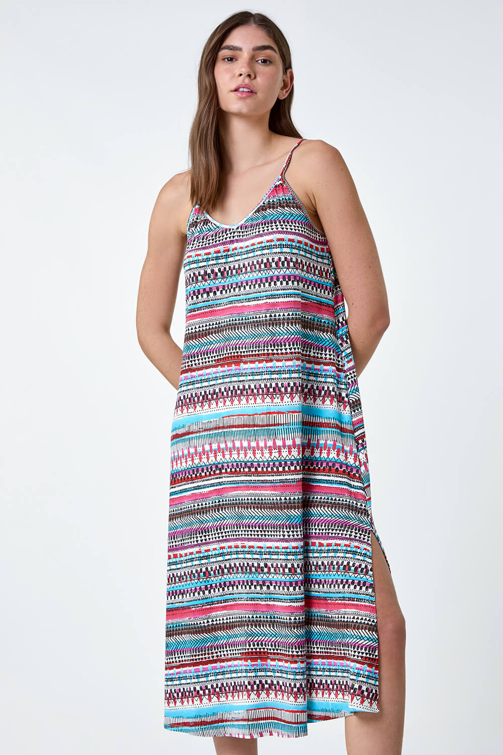 PINK Aztec Stripe Stretch Pocket Midi Dress, Image 2 of 5