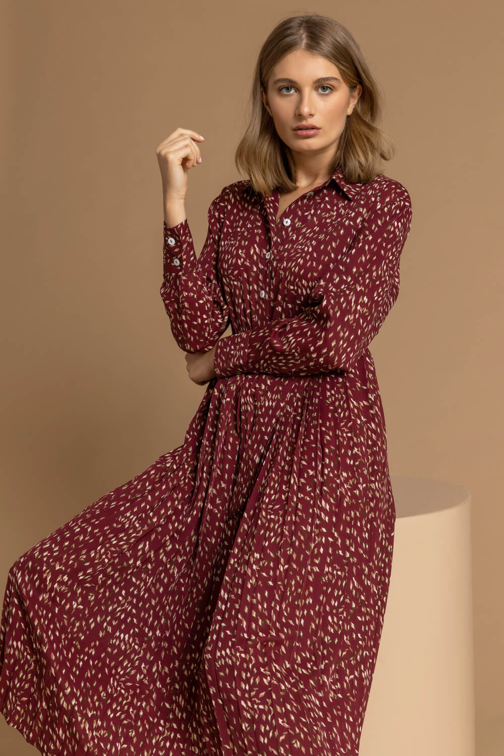Copper Ditsy Print Pleated Shirt Dress, Image 5 of 5