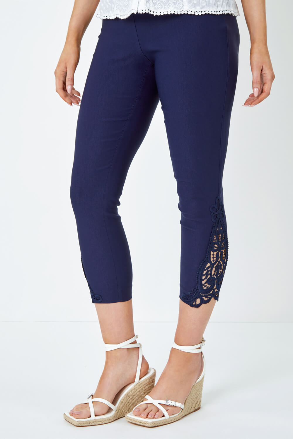 Navy  Lace Insert Crop Stretch Trousers, Image 4 of 5
