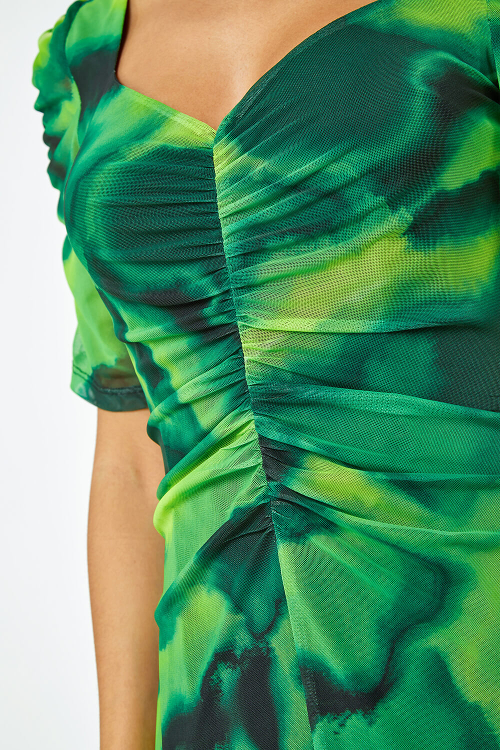 Green Marble Print Stretch Mesh Ruched Dress, Image 5 of 5