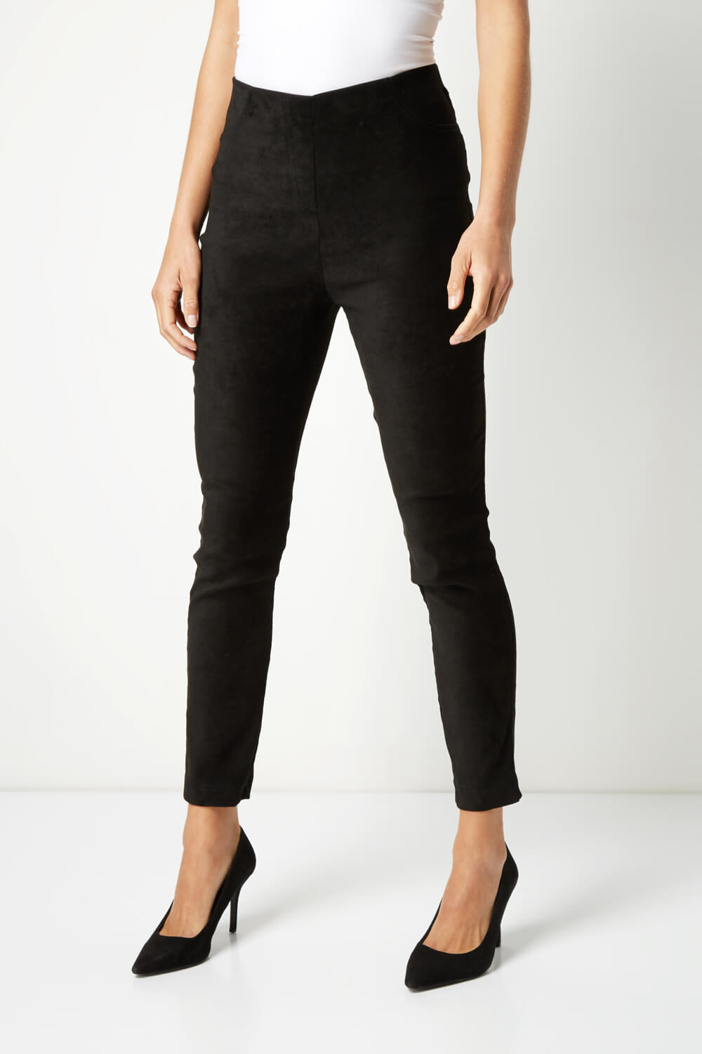Black Full Length Suedette Stretch Trousers, Image 2 of 5