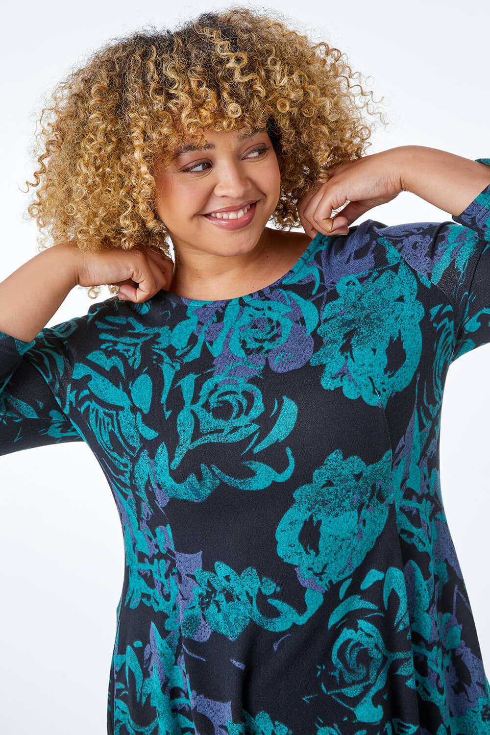 Green Curve Floral Print Tunic Dress, Image 4 of 5
