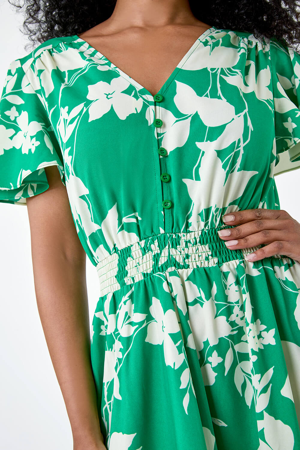 Green Petite Leaf Print Shirred Midi Dress, Image 5 of 5