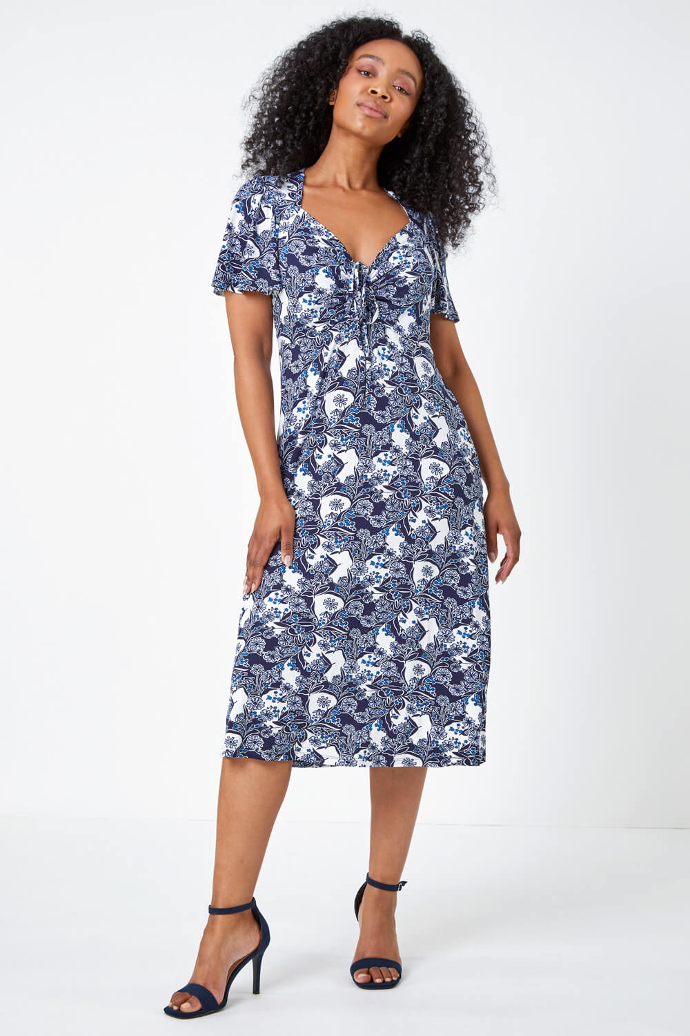 Blue Petite Floral Ruched Stretch Tea Dress, Image 2 of 5