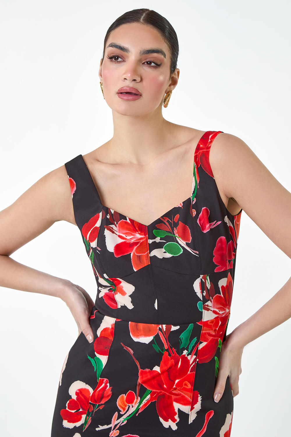 Red Floral Corset Detail Stretch Dress, Image 4 of 5