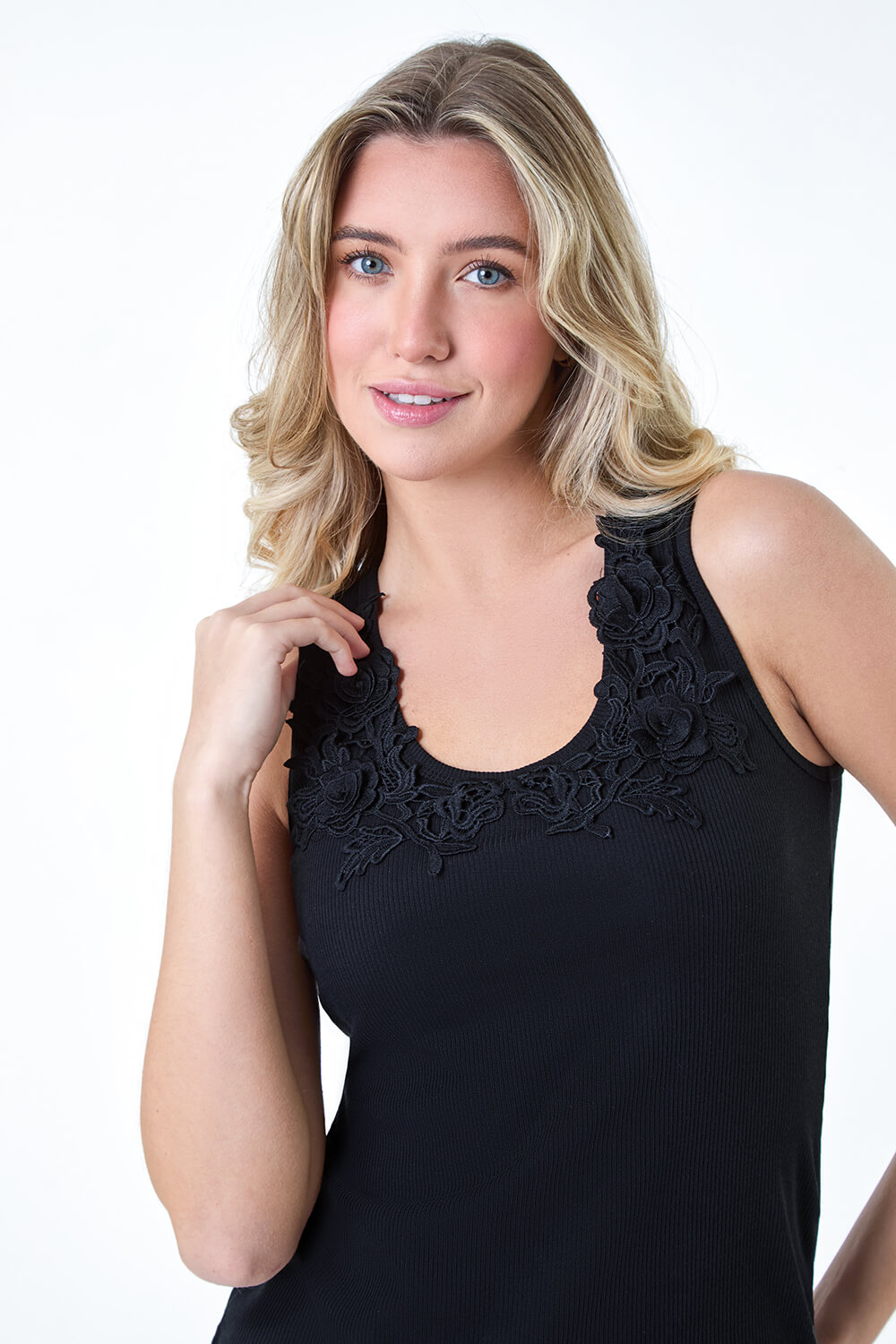 Black Floral Lace Trim Stretch Vest Top, Image 4 of 5