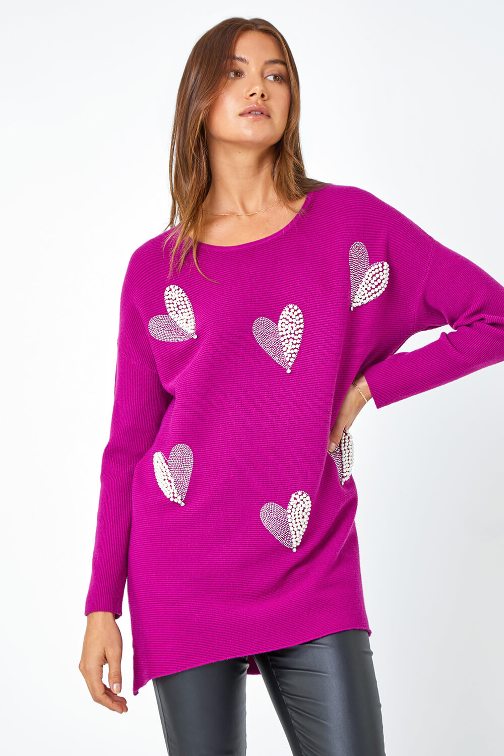 Magenta Sparkle Pearl Embellished Heart Jumper | Roman UK