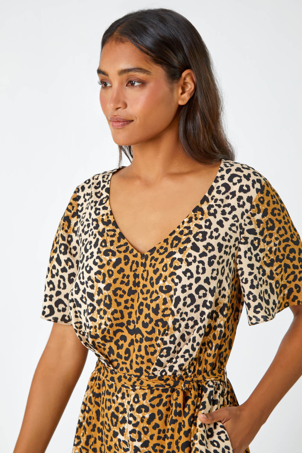 Camel  Animal Print Belted Playsuit, Image 5 of 6
