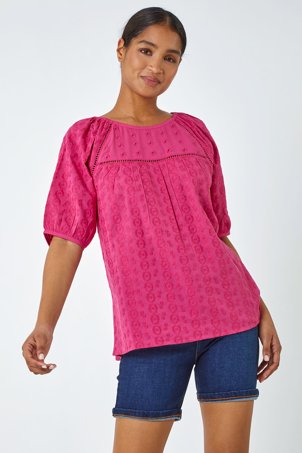 PINK Broderie Puff Sleeve Cotton Top, Image 2 of 5