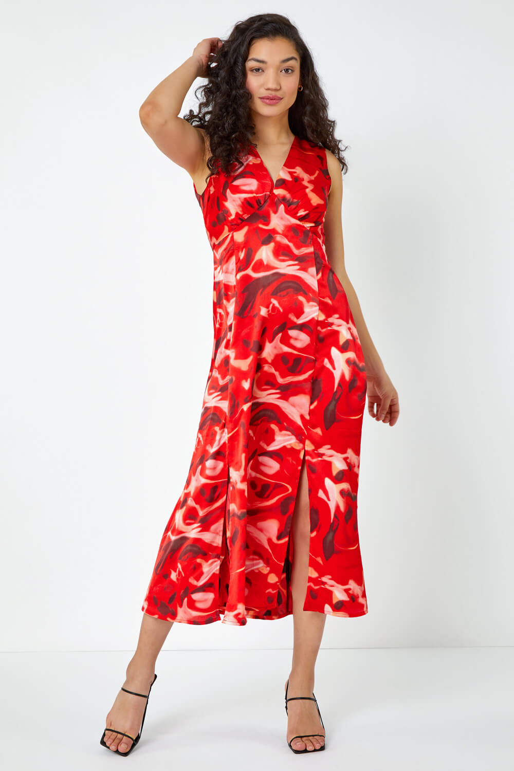 Red Sleeveless Marble Print Midi Dress, Image 2 of 5