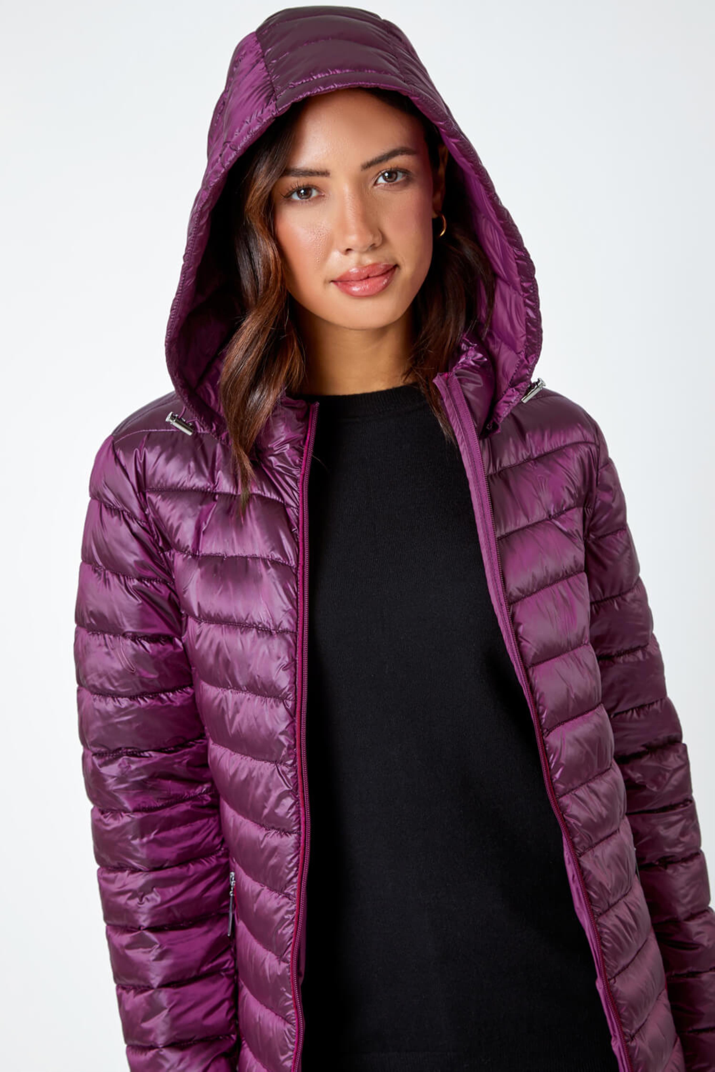 Purple Longline Hooded Padded Coat, Image 4 of 5