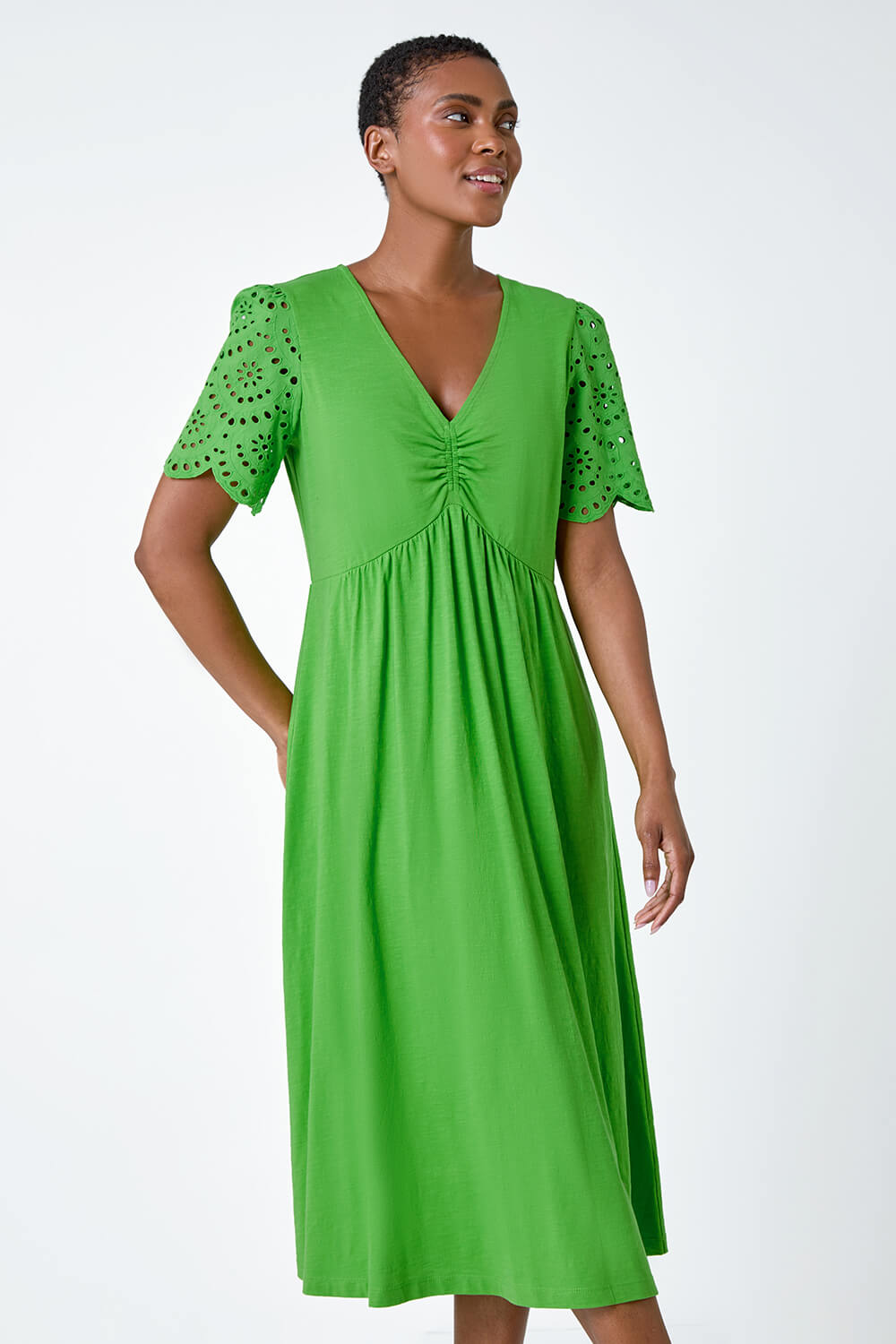Green Cotton Broderie Sleeve Midi Dress, Image 2 of 5