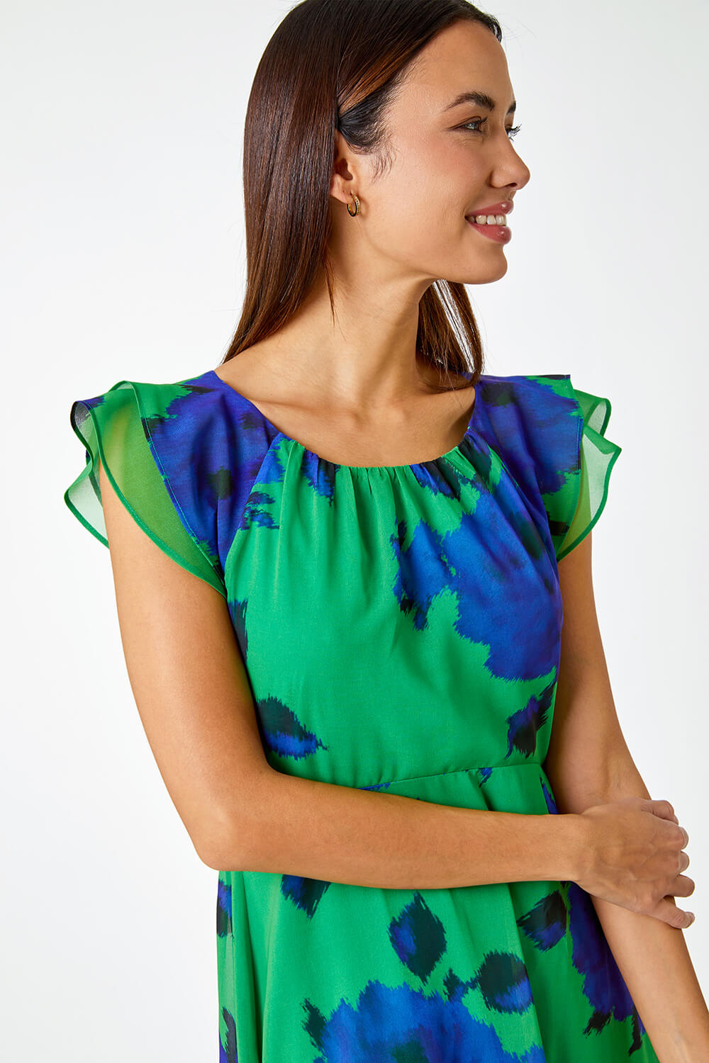 Green Floral Frill Detail Chiffon Midi Dress, Image 4 of 5