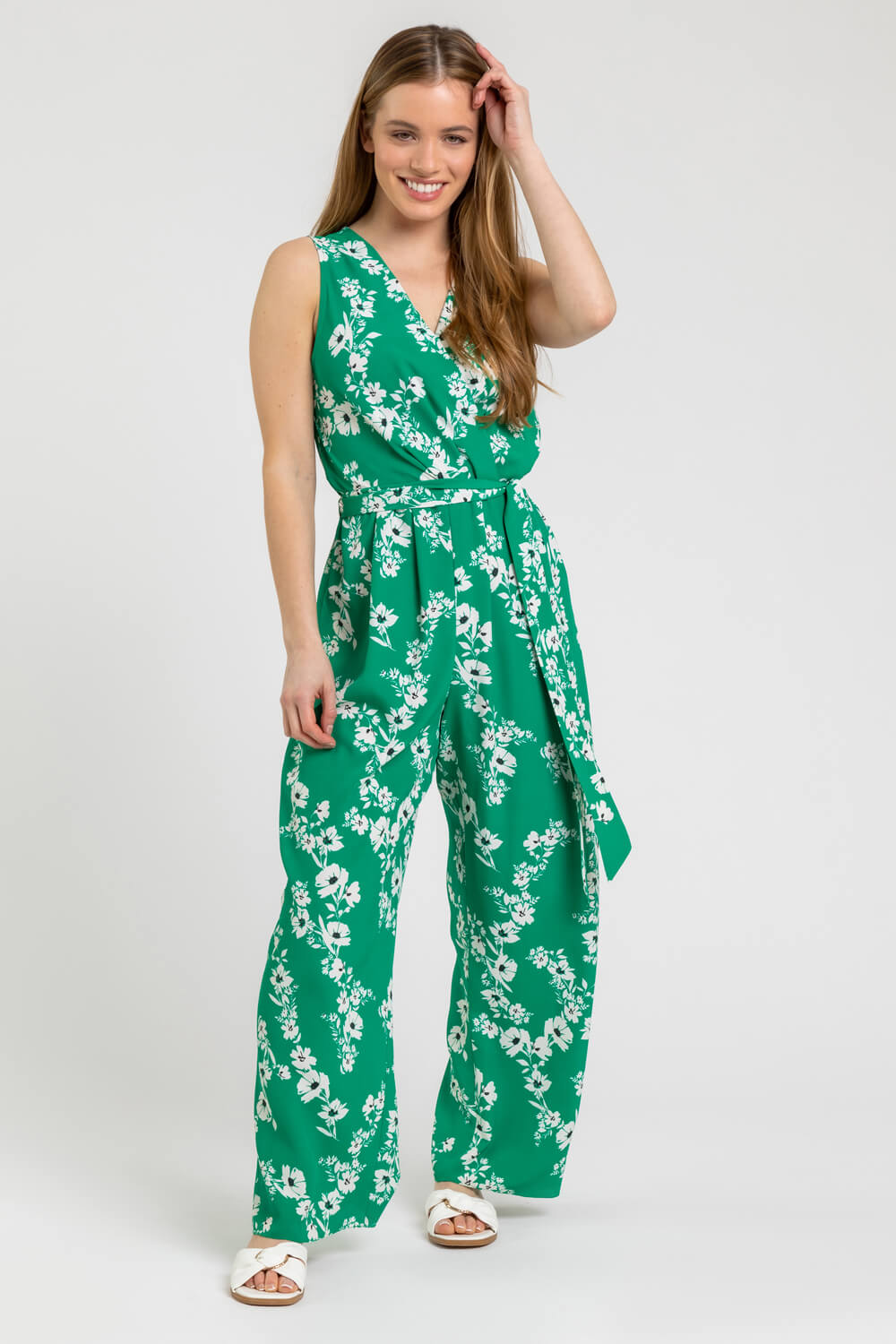 Petite Floral Belted Wrap Jumpsuit in Green - Roman Originals UK