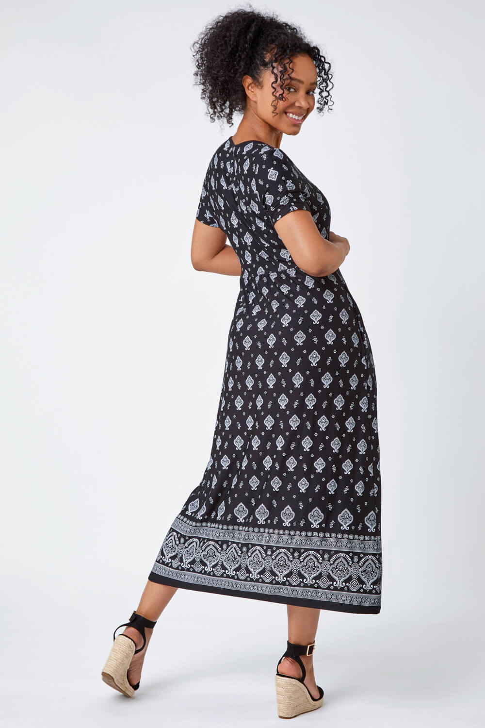Black Petite Border Print Stretch Midi Dress, Image 3 of 5
