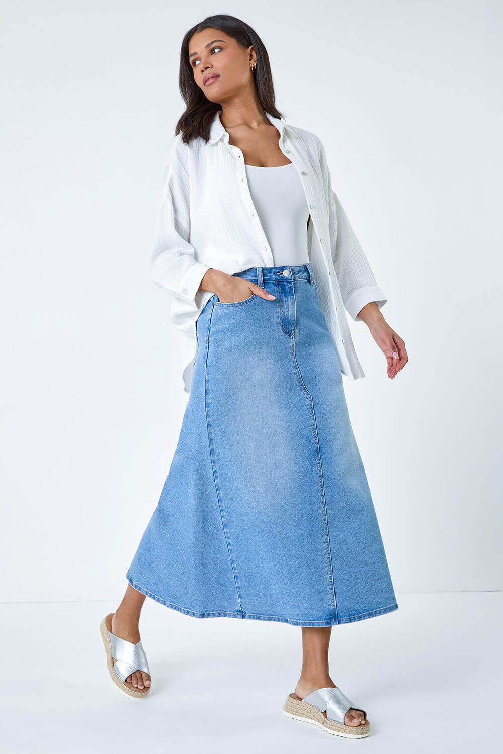 Light Blue  Cotton Blend Denim Maxi Skirt, Image 2 of 5