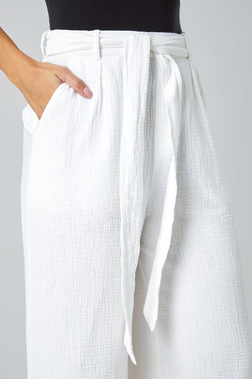 Ivory  Textured Cotton Wide Leg Trousers, Image 5 of 5