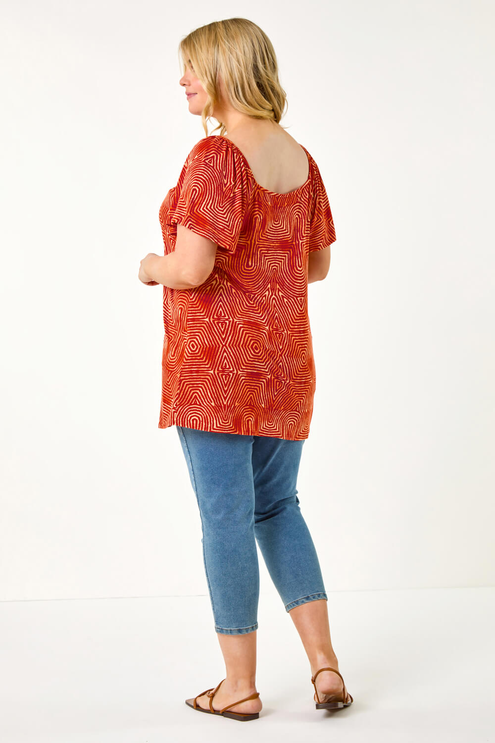 ORANGE Curve Tie Front Abstract Stretch Top, Image 3 of 5