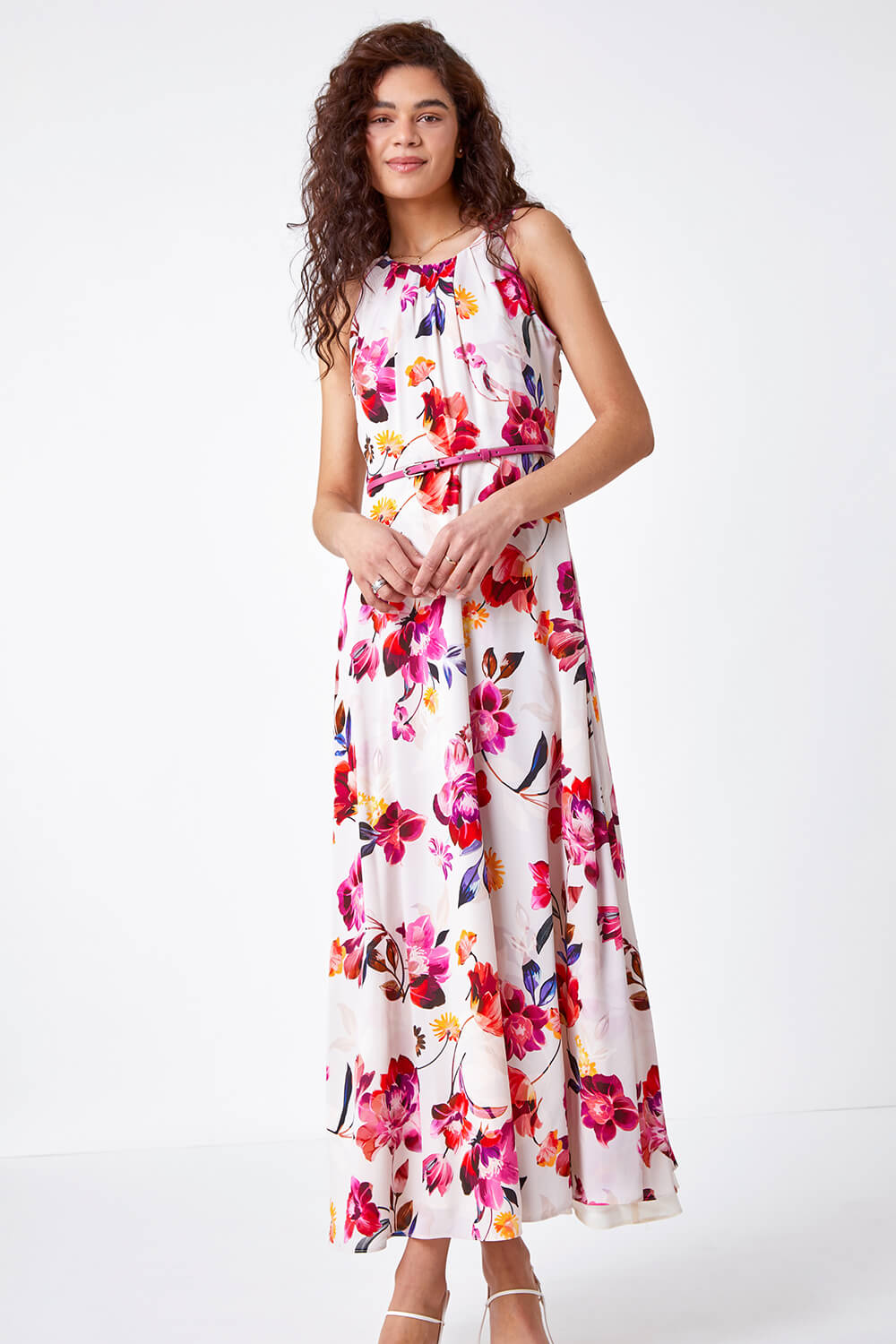 Multi  Floral Belted Maxi Dress, Image 4 of 5