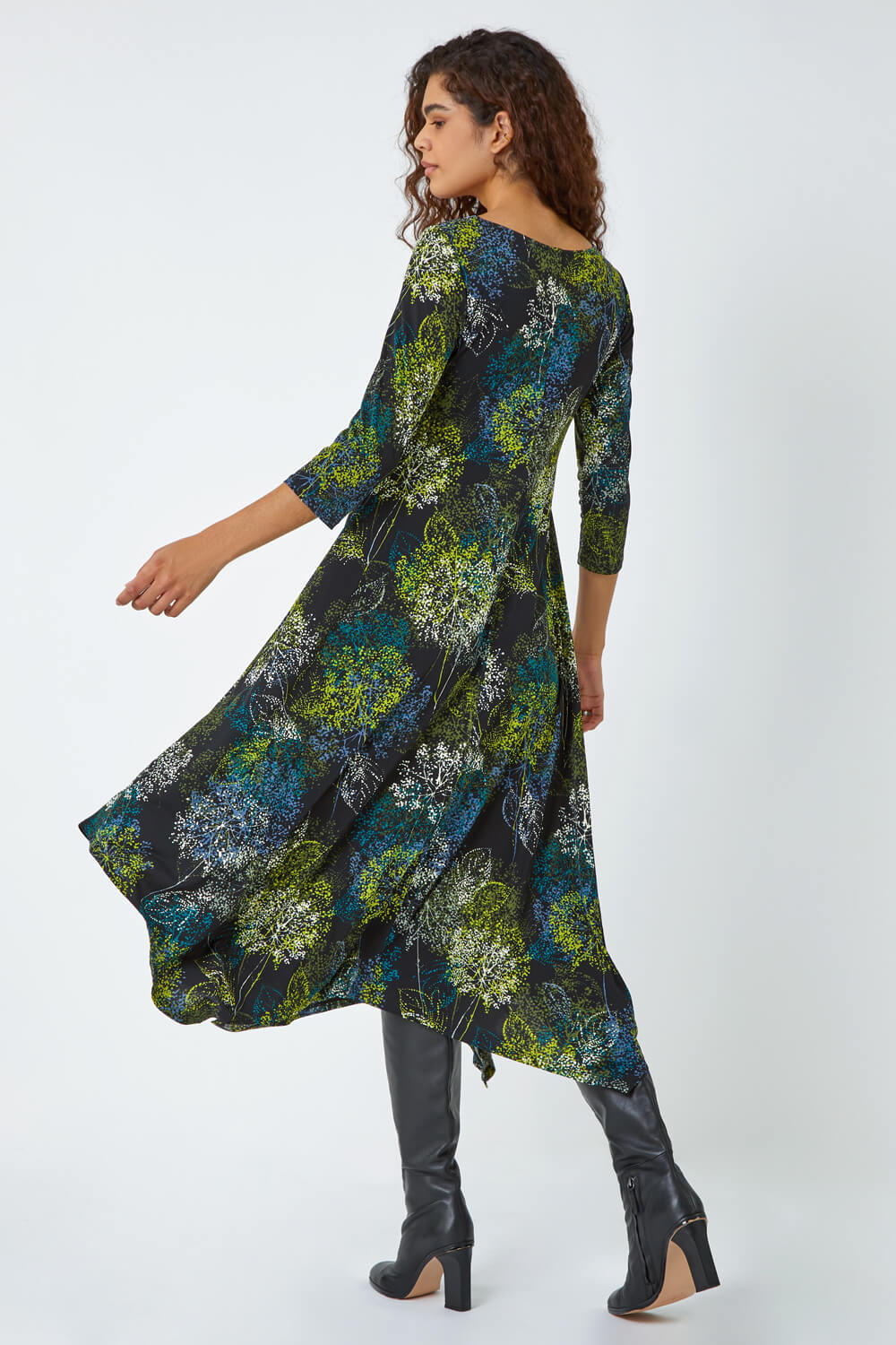 Green Floral Hanky Hem Stretch Midi Dress, Image 3 of 5
