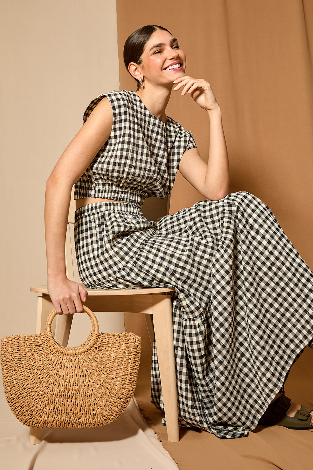 Black Gingham Check Tiered Maxi Skirt, Image 7 of 7