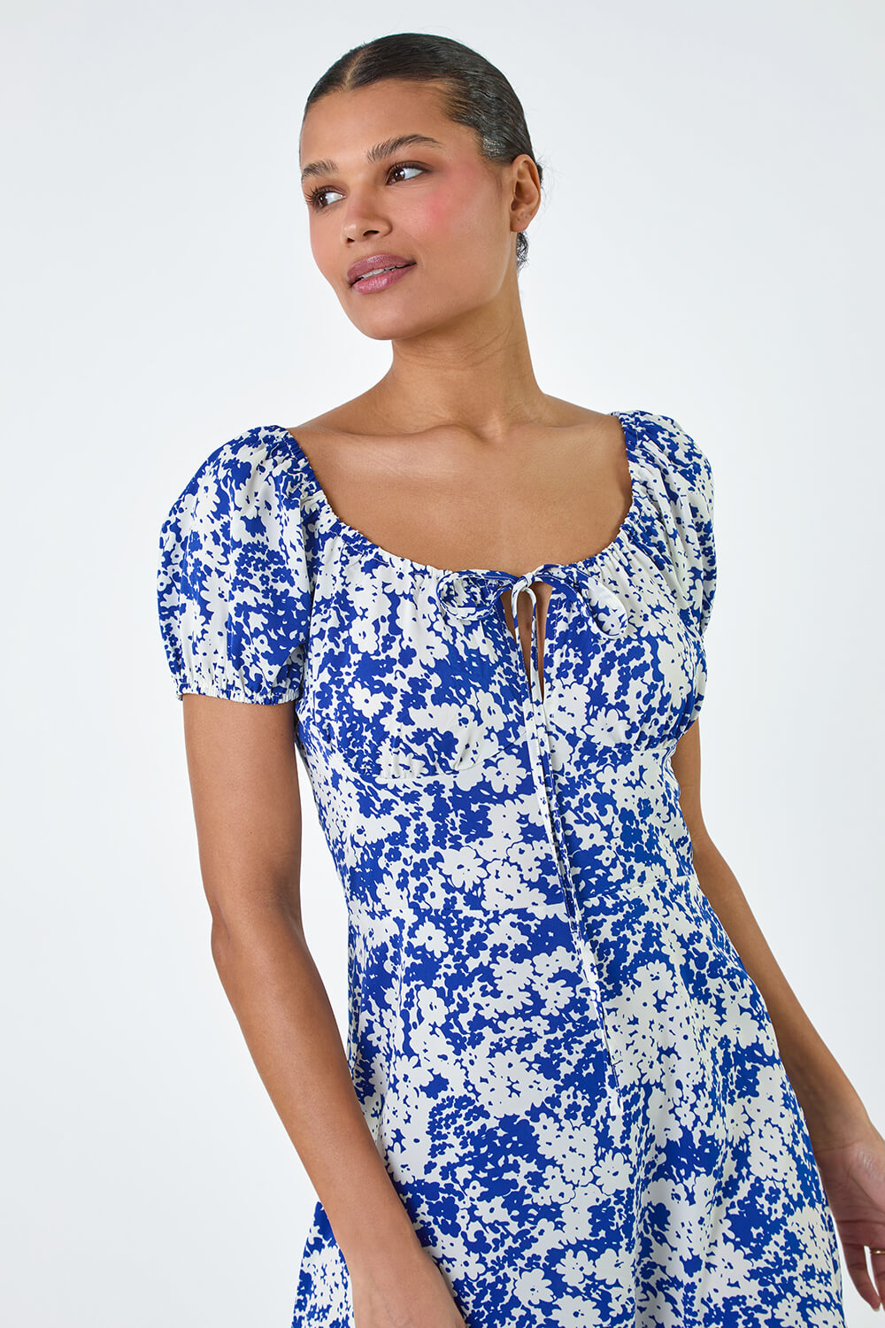 Blue Floral Tie Detail Midi Dress | Roman UK