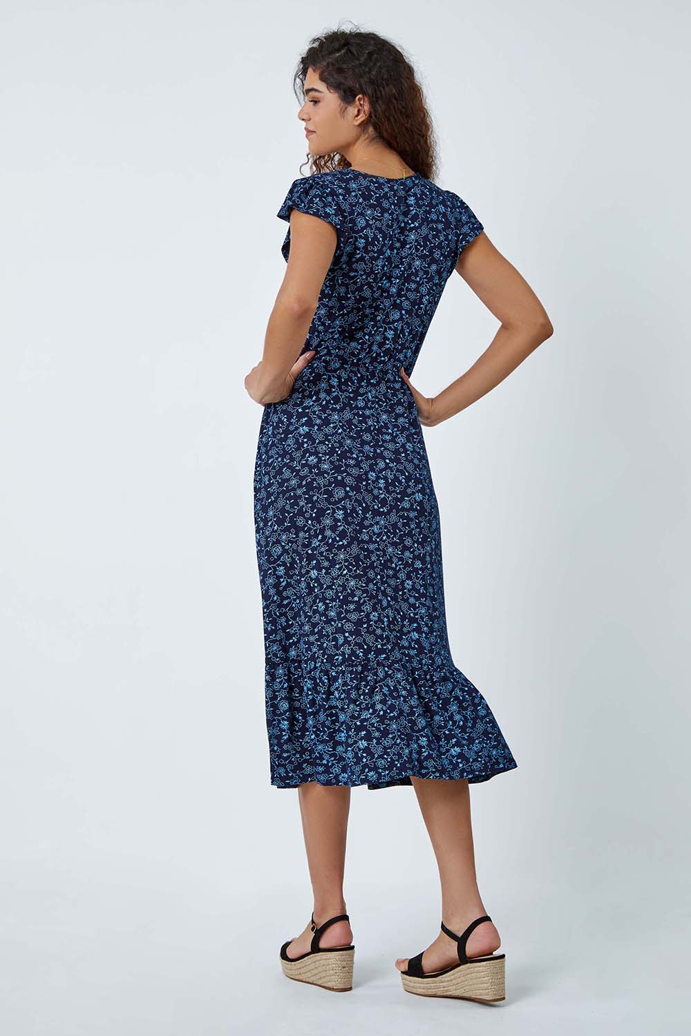 Blue Floral Print Frill Midi Stretch Dress, Image 3 of 5