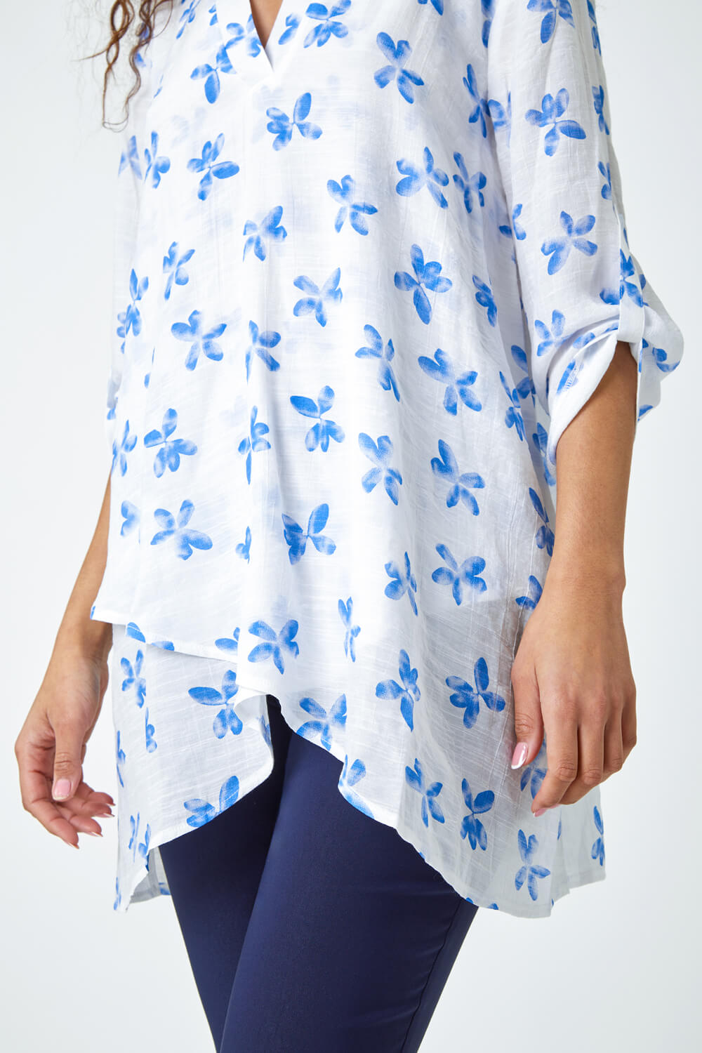Blue Floral Print Wrap Hem Tunic Top, Image 5 of 5
