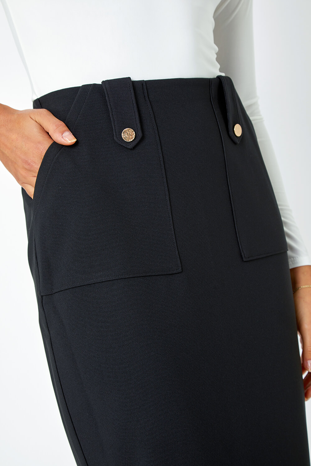 Black Ribbed Pocket Detail Midi Stretch Skirt, Image 5 of 5