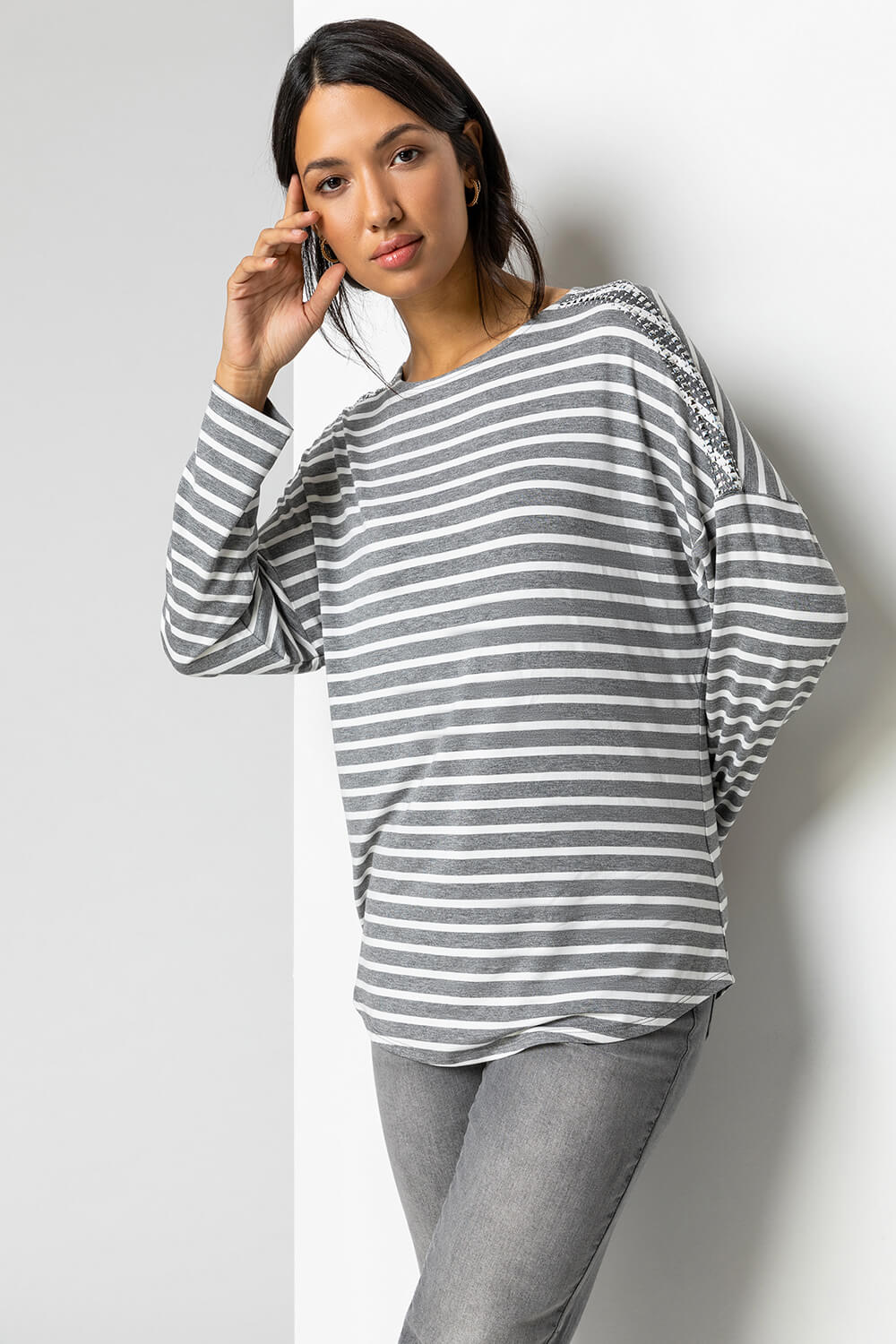 Grey Stripe Print Embellished Stretch T Shirt , Image 2 of 4