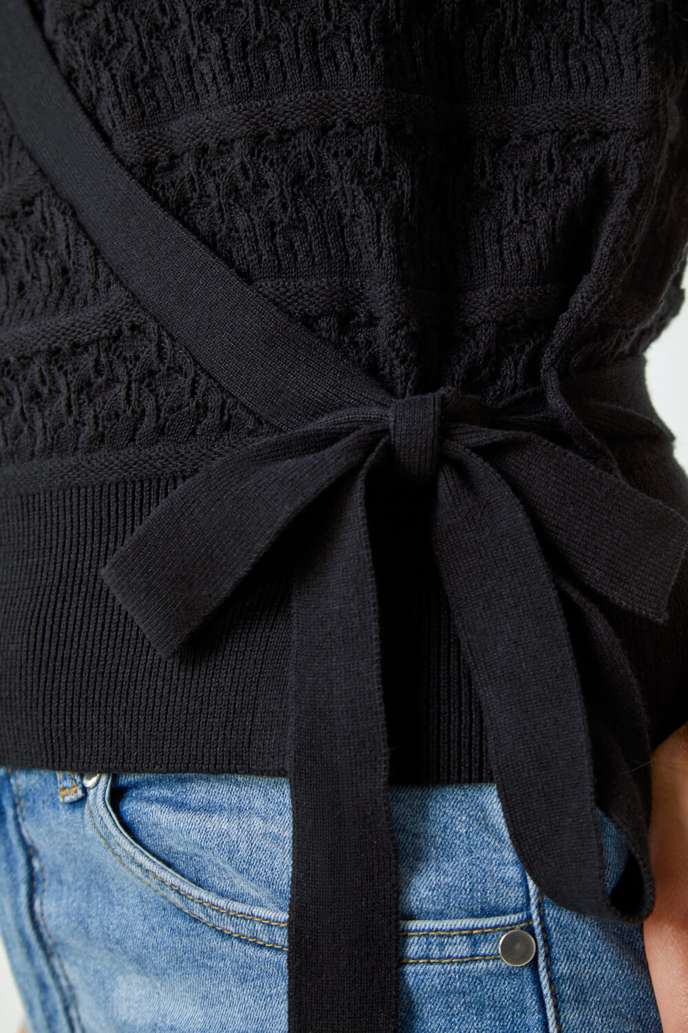 Black Cotton Wrap Tie Detail Cardigan, Image 5 of 5