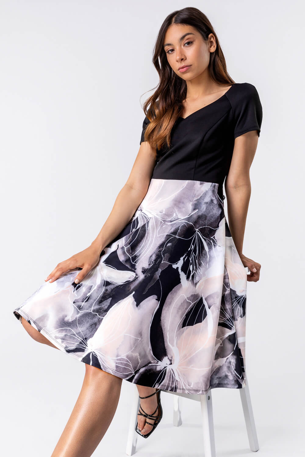 Black & Grey Contrast Floral Print Fit & Flare Dress, Image 5 of 5