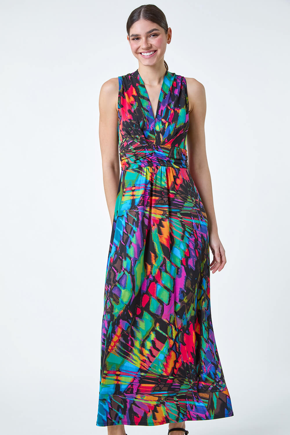 Multi Coloured Tropical Print Ruched Maxi Dress, Image 2 of 5