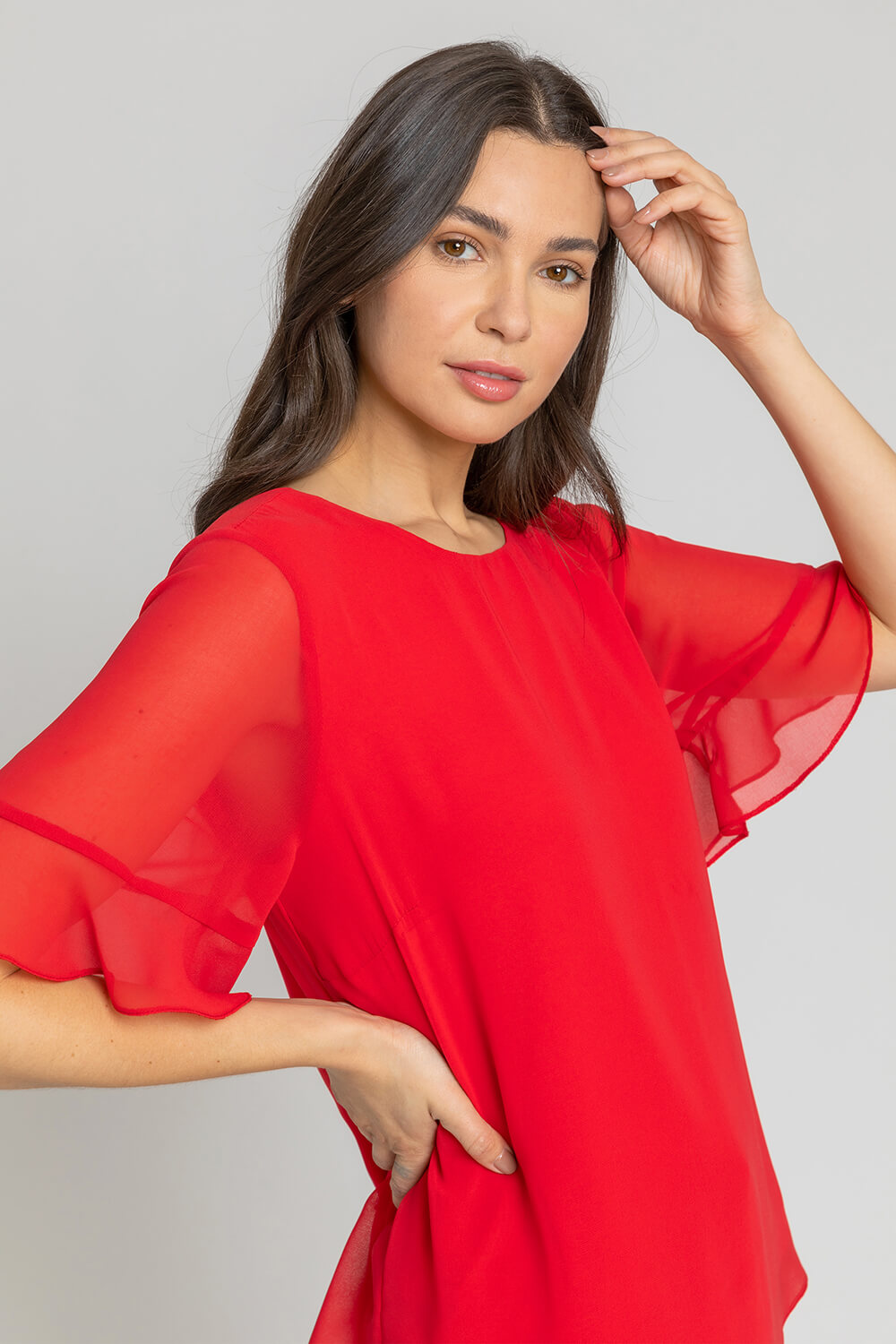 Red Plain Frill Detail Chiffon Top, Image 4 of 4