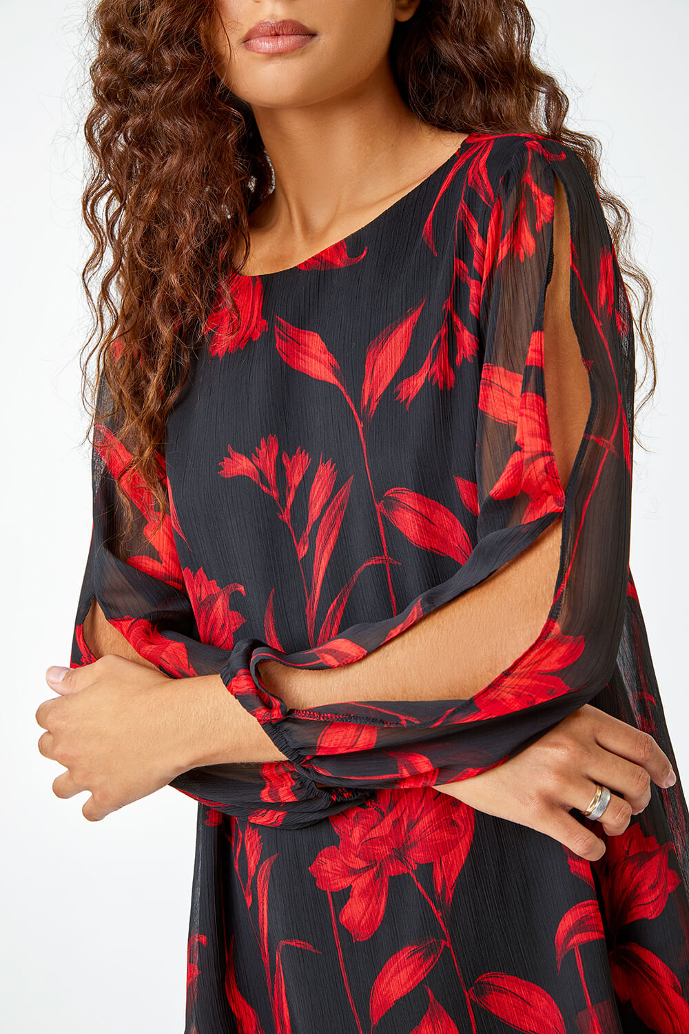 Red Floral Chiffon Layered Tunic Top, Image 5 of 5