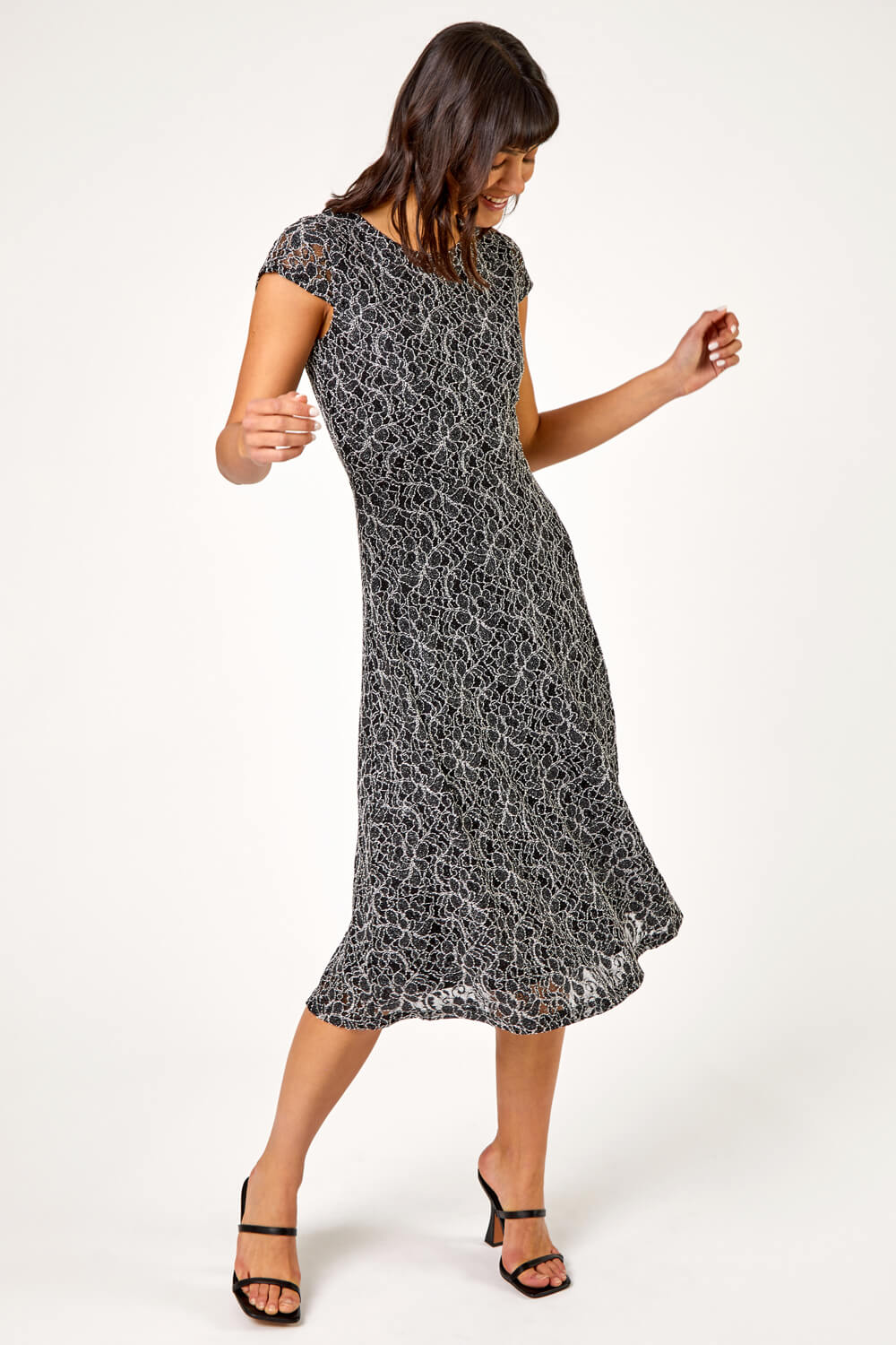 Black Glitter Stretch Lace Midi Dress, Image 3 of 5
