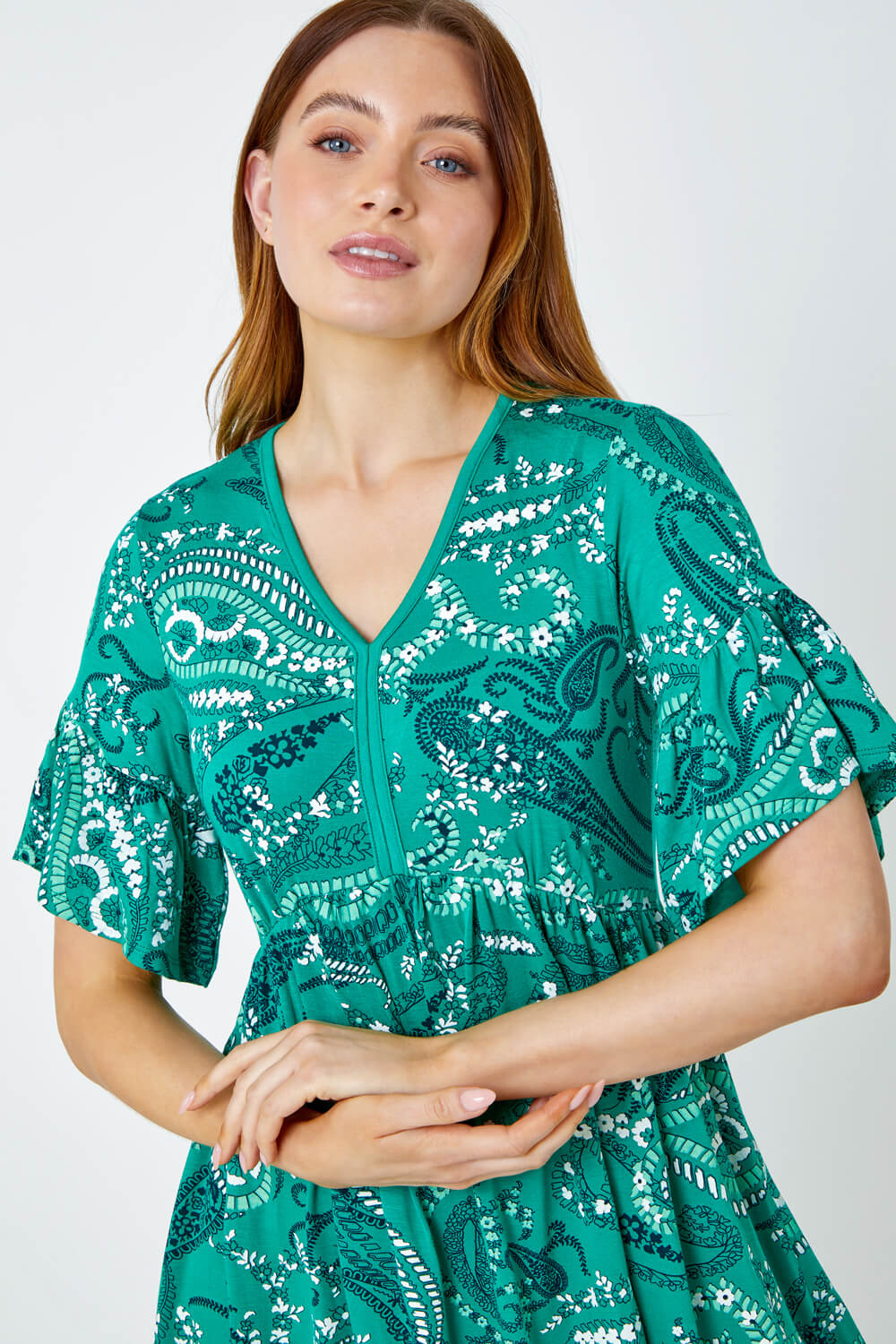 Green Paisley Print Frill Sleeve Dress, Image 4 of 5