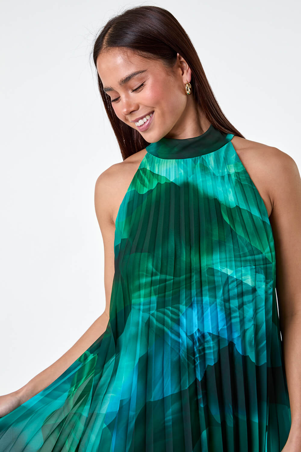 Dark Green Petite Abstract Halter Neck Pleated Dress, Image 4 of 5
