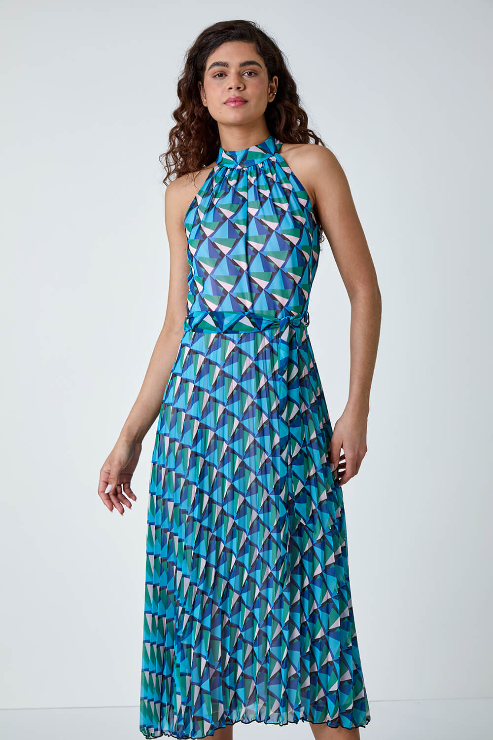 Turquoise Geometric Halterneck Midi Dress, Image 2 of 5