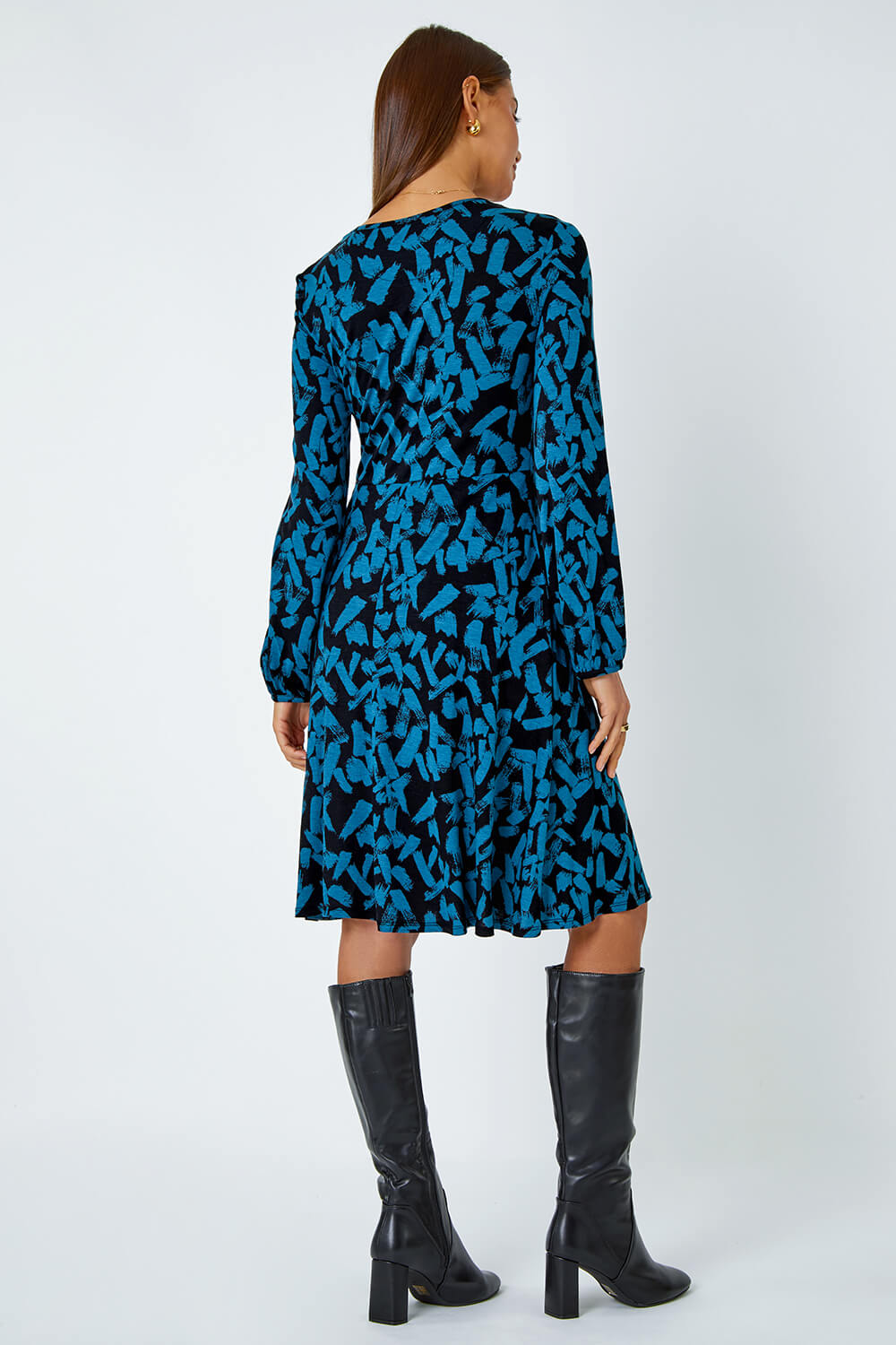 Blue Abstract Print Swing Stretch Dress, Image 3 of 5