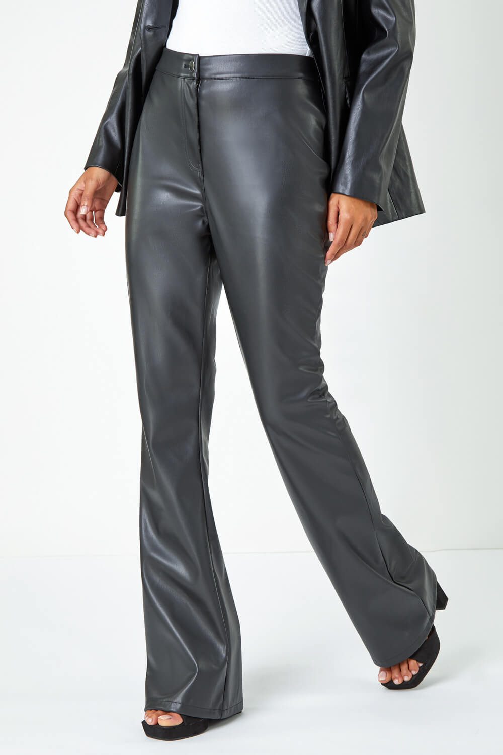 Black Faux Leather Bootcut Stretch Trousers, Image 1 of 6