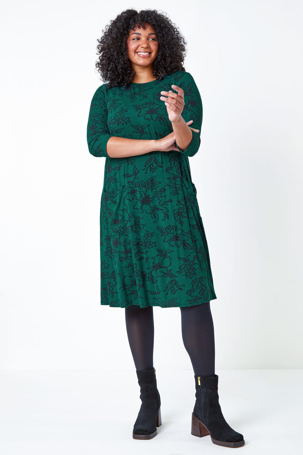 Green Curve Floral Print Swing Stretch Dress, Image 2 of 5