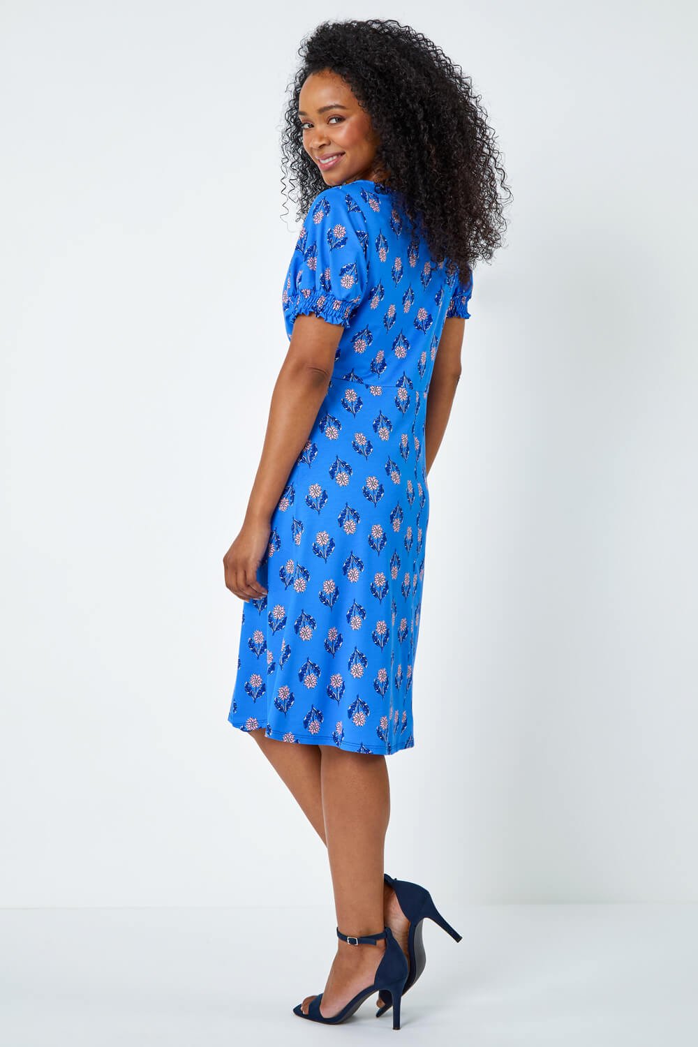 Blue Petite Floral Empire Stretch Dress, Image 3 of 5
