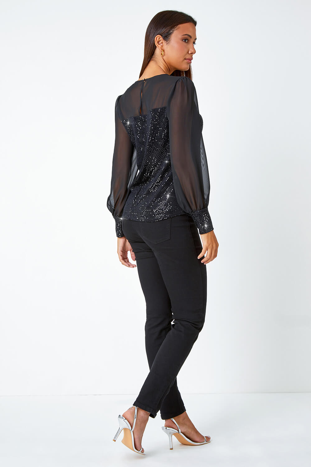 Black Sequin Chiffon Sleeve Stretch Top, Image 3 of 5