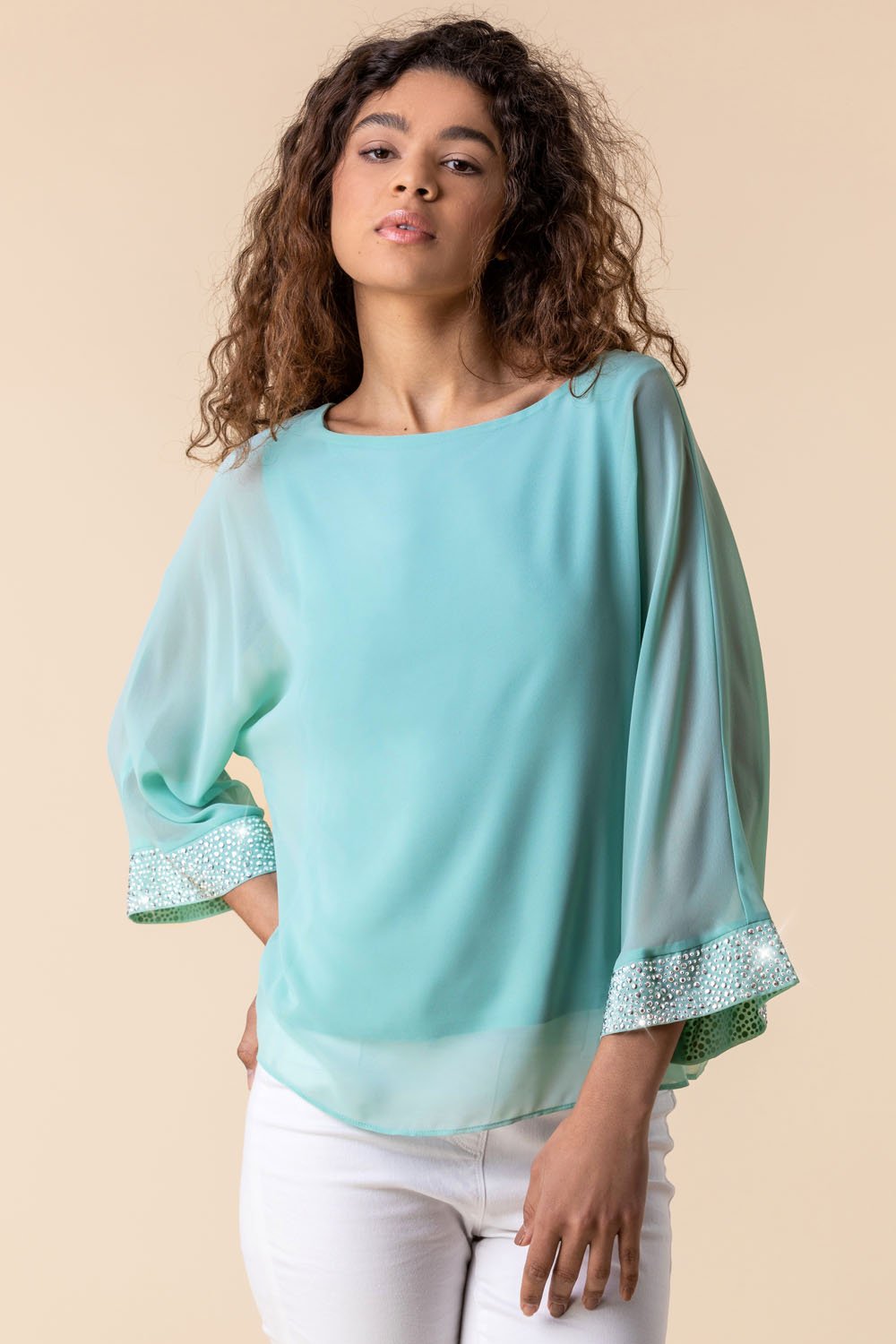 Mint Sparkle Embellished Cuff Top, Image 1 of 4