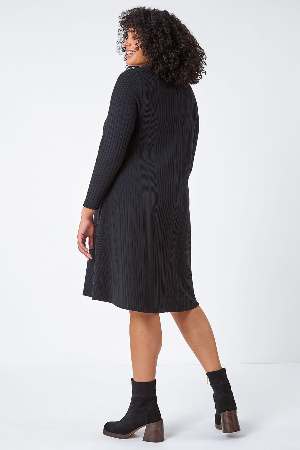 Black Curve Roll Neck Ribbed Stretch Dress, Image 3 of 5