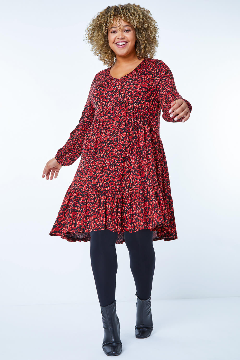 Red Curve Leopard Print Tiered Tunic Dress, Image 3 of 6