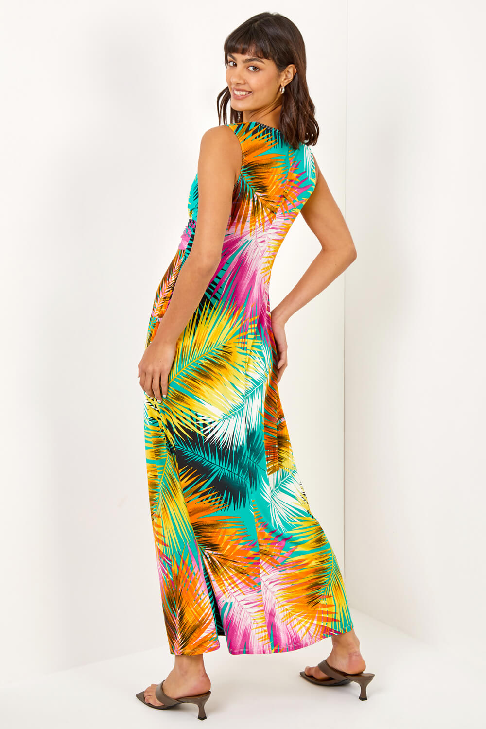Yellow Floral Jersey Stretch Twist Ruched Maxi Dress, Image 2 of 5