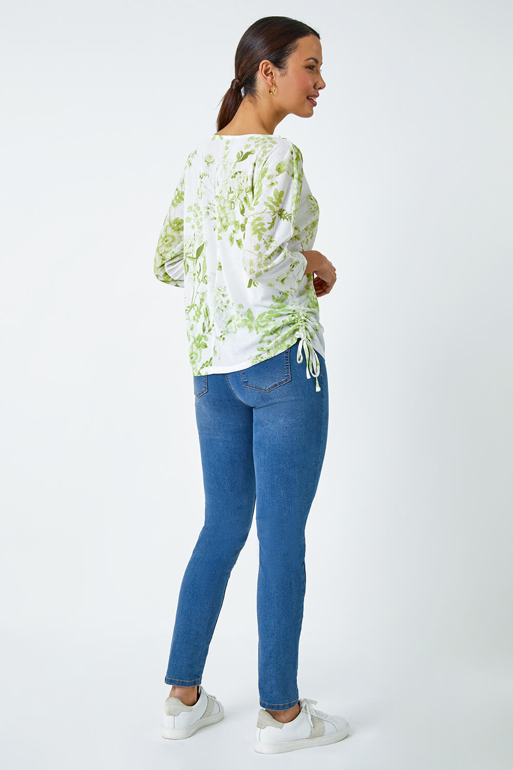 Lime Floral Print Ruched Tie Detail Top, Image 3 of 5
